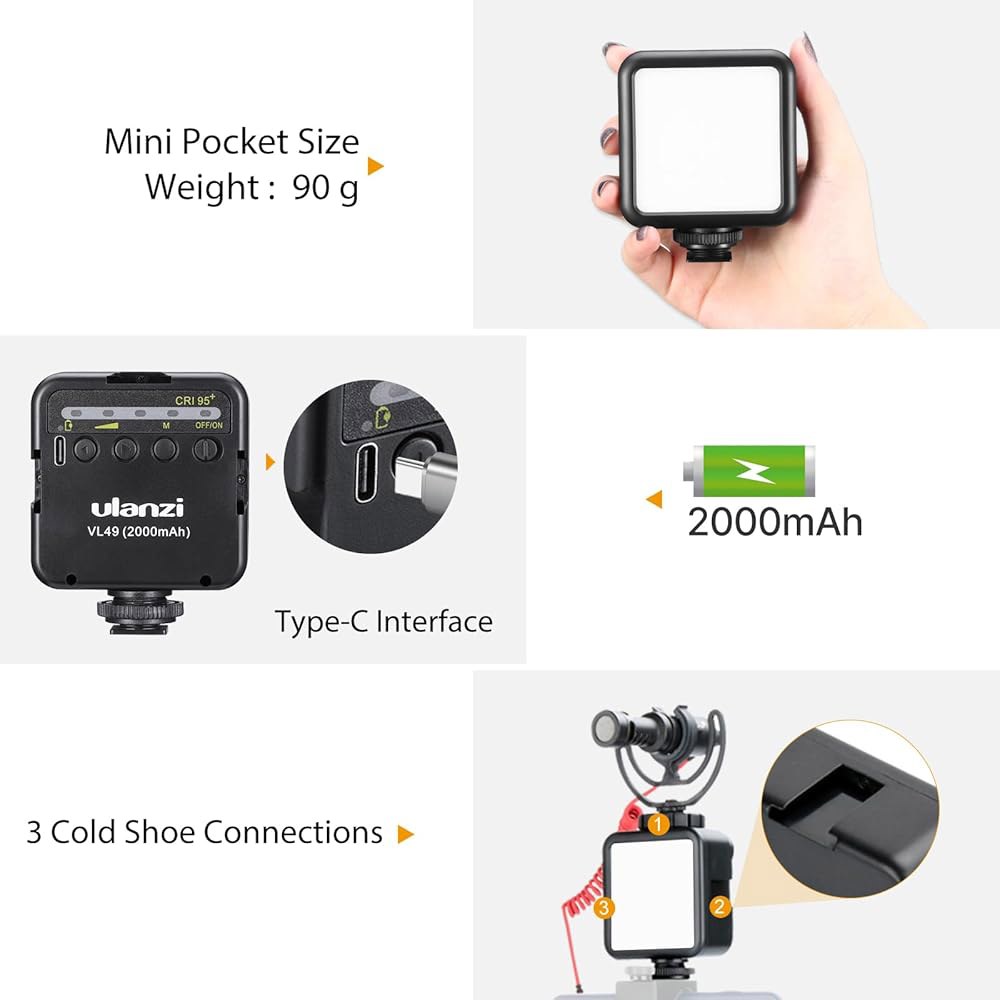 ULANZI VL49 2000mAh LED 비디오 라이트, 3 콜드 슈, 충전식 소프트 라이트 패널, DJI OSMO 소니 DSLR 캐논 카메라 GoPro 브이로그용 휴대용 사진 - 상세 이미지 2