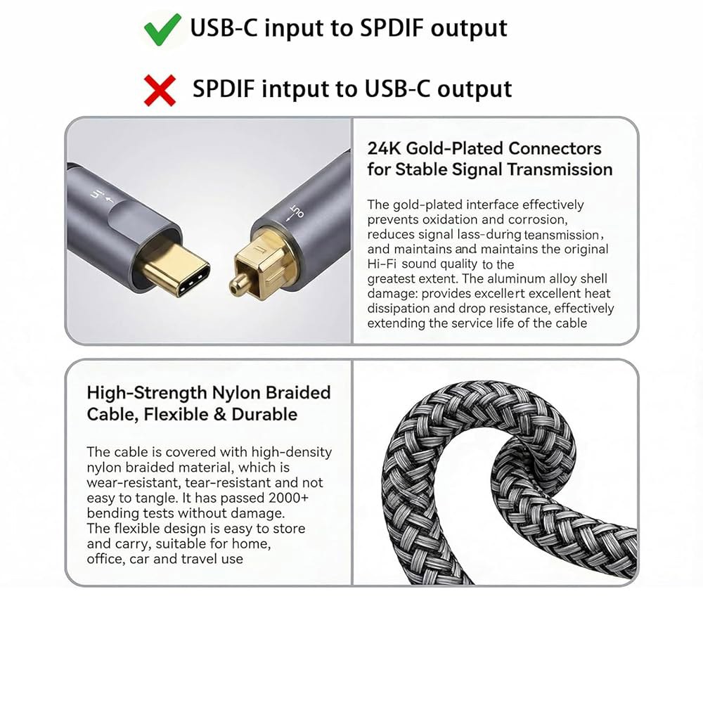 USB-C to Toslink 광 오디오 케이블, 단방향 타입-C SPDIF 디지털 코드 송신기, 컴퓨터 / 노트북 휴대폰 사운드바 스피커 홈 시어터 시스템(6.6FT)에 적합 - 상세 이미지 3