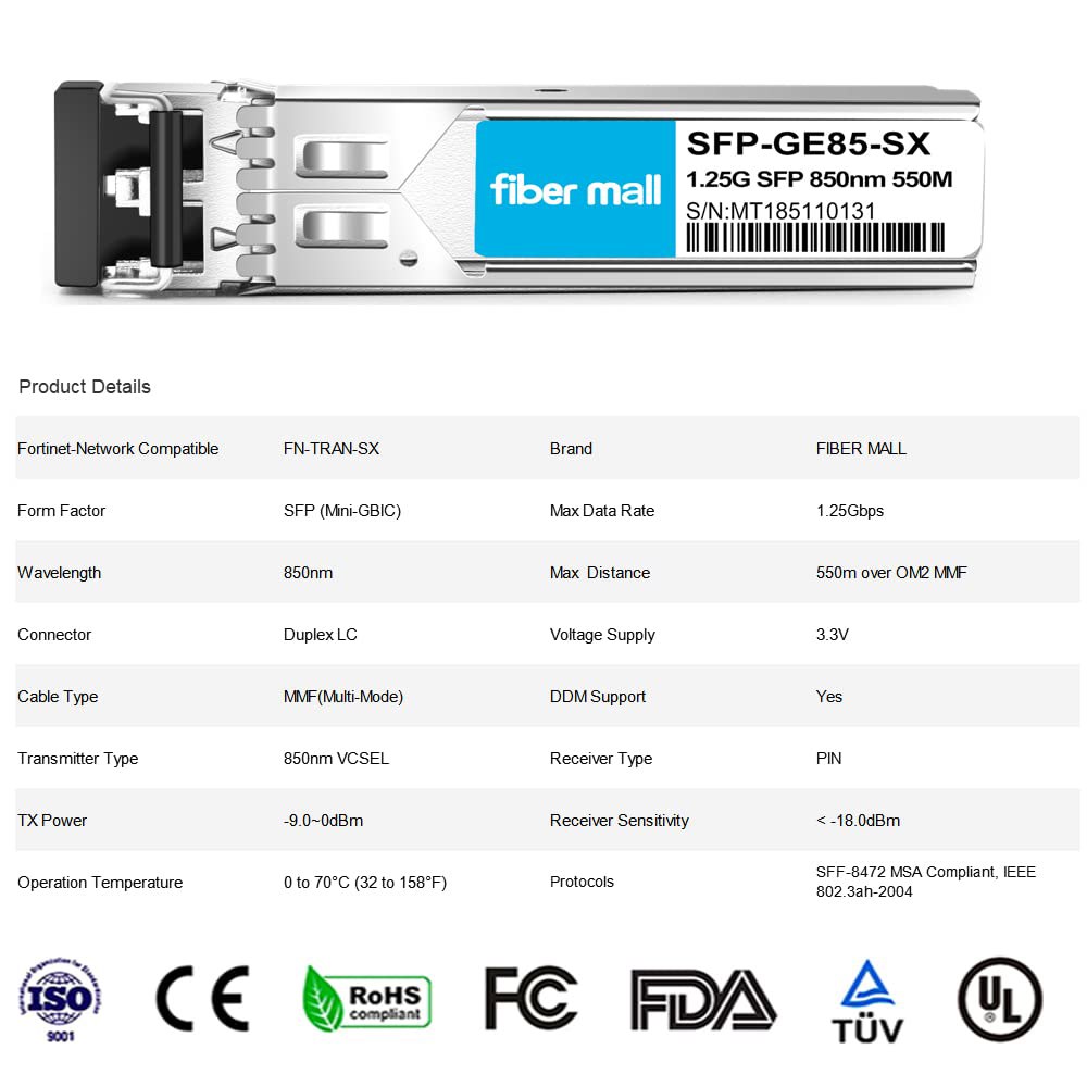 Fiber Mall SFP 1G SX 광 트랜시버 모듈, 포티넷 FN-TRAN-SX, 1000BASE-SX, 1.25Gbps, 850nm, 550m, LC, DOM, 그레이, 자동 - 상세 이미지 3