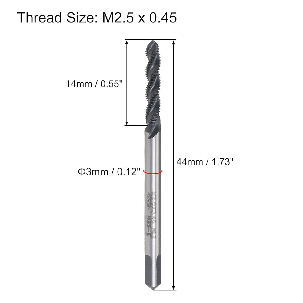 uxcell M2.5 x 0.45 나선형 플루트 실 탭, 미터법 기계 탭 HSS 질화 코팅, 사각형 끝이 있는 원형 샹크, H2 공차 M6 x 1.0mm - 상세 이미지 2