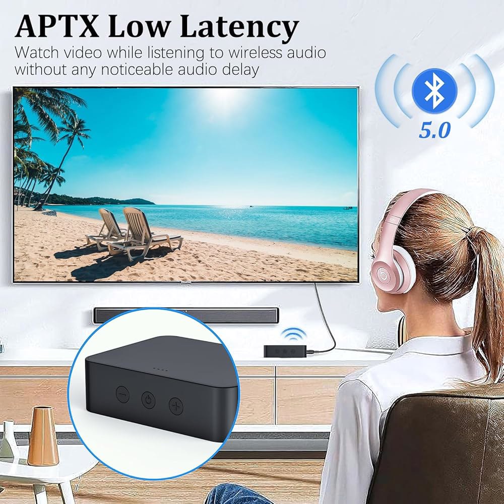 볼륨 제어, 저지연 무선 오디오 어댑터 지원, TV/PC/비행기용 AUX /동축/광학 입력, 배터리 없음 기능을 갖춘 헤드폰용 광학 블루투스 5.0 송신기 수신기 - 상세 이미지 3