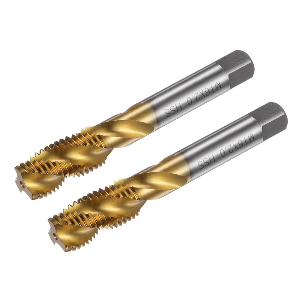 uxcell 2pcs 나선형 플루트 나사산 탭, 미터법 M16 x 2 H2 기계 수리를 위한 티타늄 코팅 M2 고속 강철 탭 도구 M10 x 1 - 상품 이미지