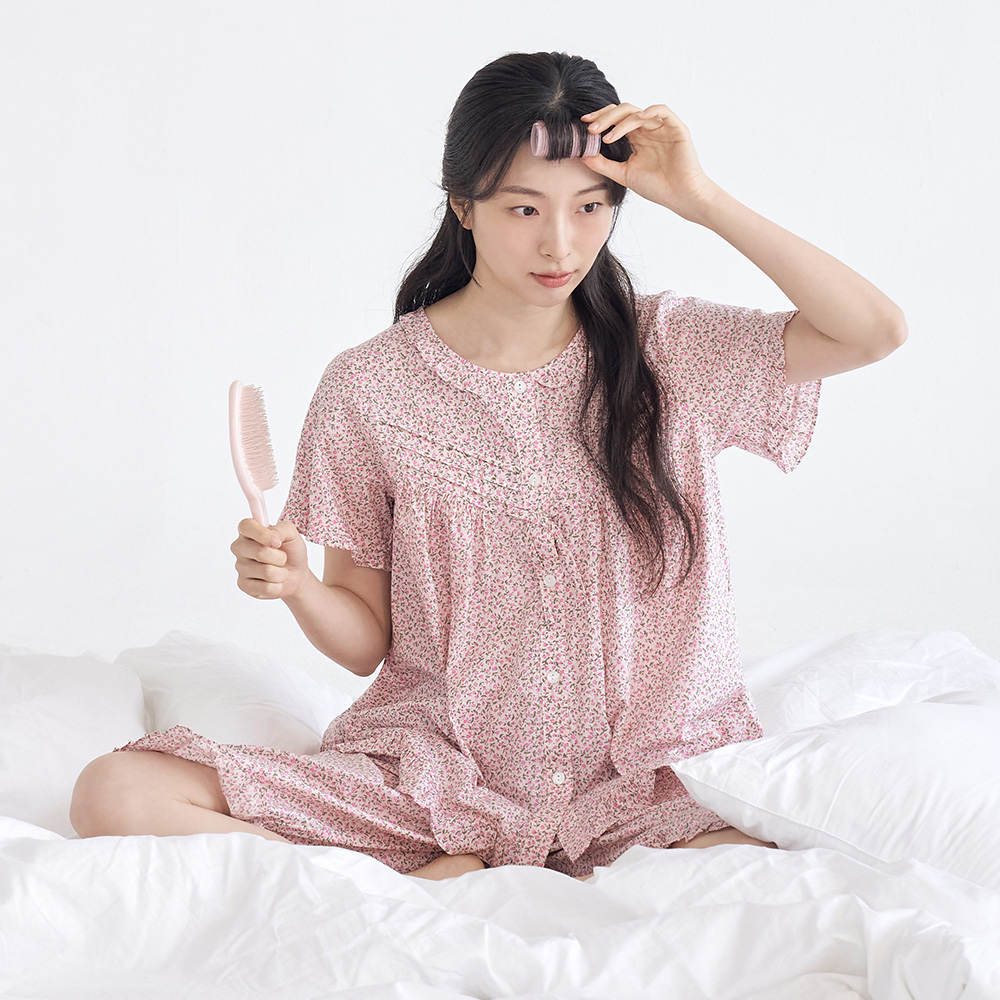 핑크잔꽃 여성 여름 반팔 아사면 순면 잠옷 파자마 홈웨어 세트 상품 이미지
