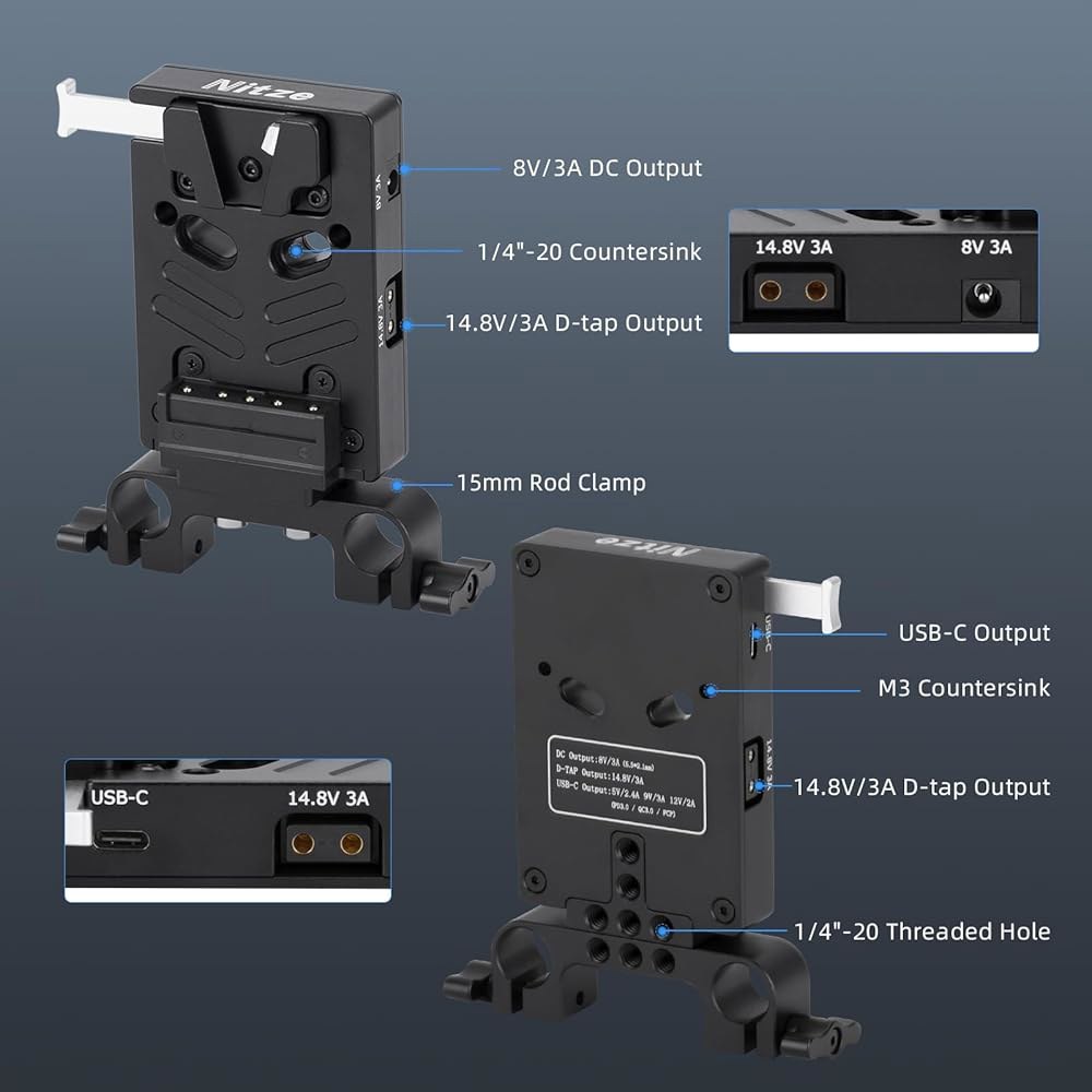 니체 V 마운트 배터리 플레이트, 15mm 막대 클램프가 있는 8V / 3A DC, 14.8V D탭 및 PD 3.0 USB-C 출력 포트 - N21-D7 - 상세 이미지 2
