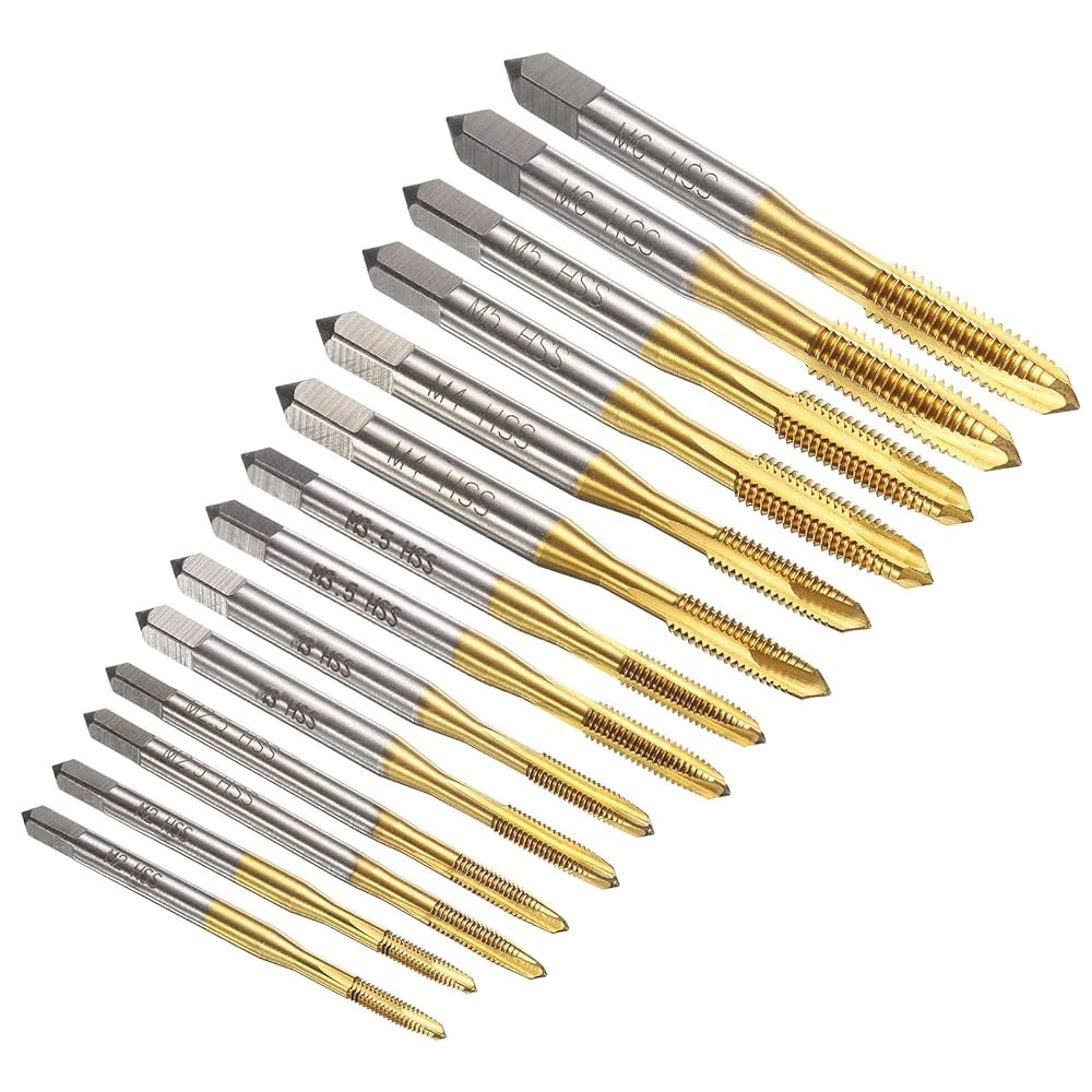 uxcell 14pcs 나선형 포인트 탭 세트 M2.5 M3.5 M4 M5 M6 미터 나사 탭, 티타늄 코팅 고속 강철 6542 기계 탭핑 수리 도구 - 상품 이미지