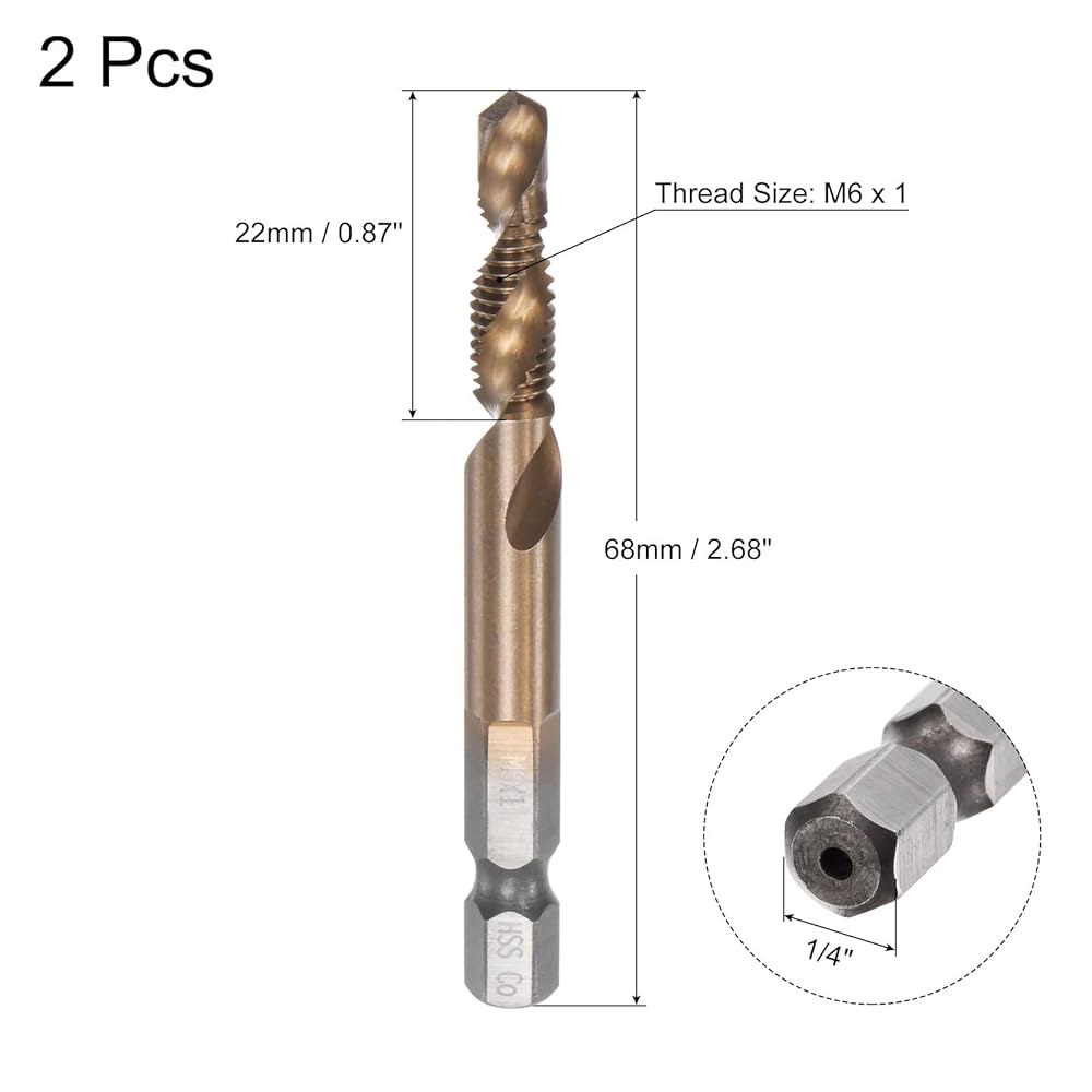 uxcell 결합 드릴 및 탭 비트, 1/4인치 헥스 섕크 M6 x 1 미터 코팅되지 않은 M35 코발트 고속 강철 나선형 플루트 드릴링 탭핑 도구 2개 M6 X 1 - 상세 이미지 2