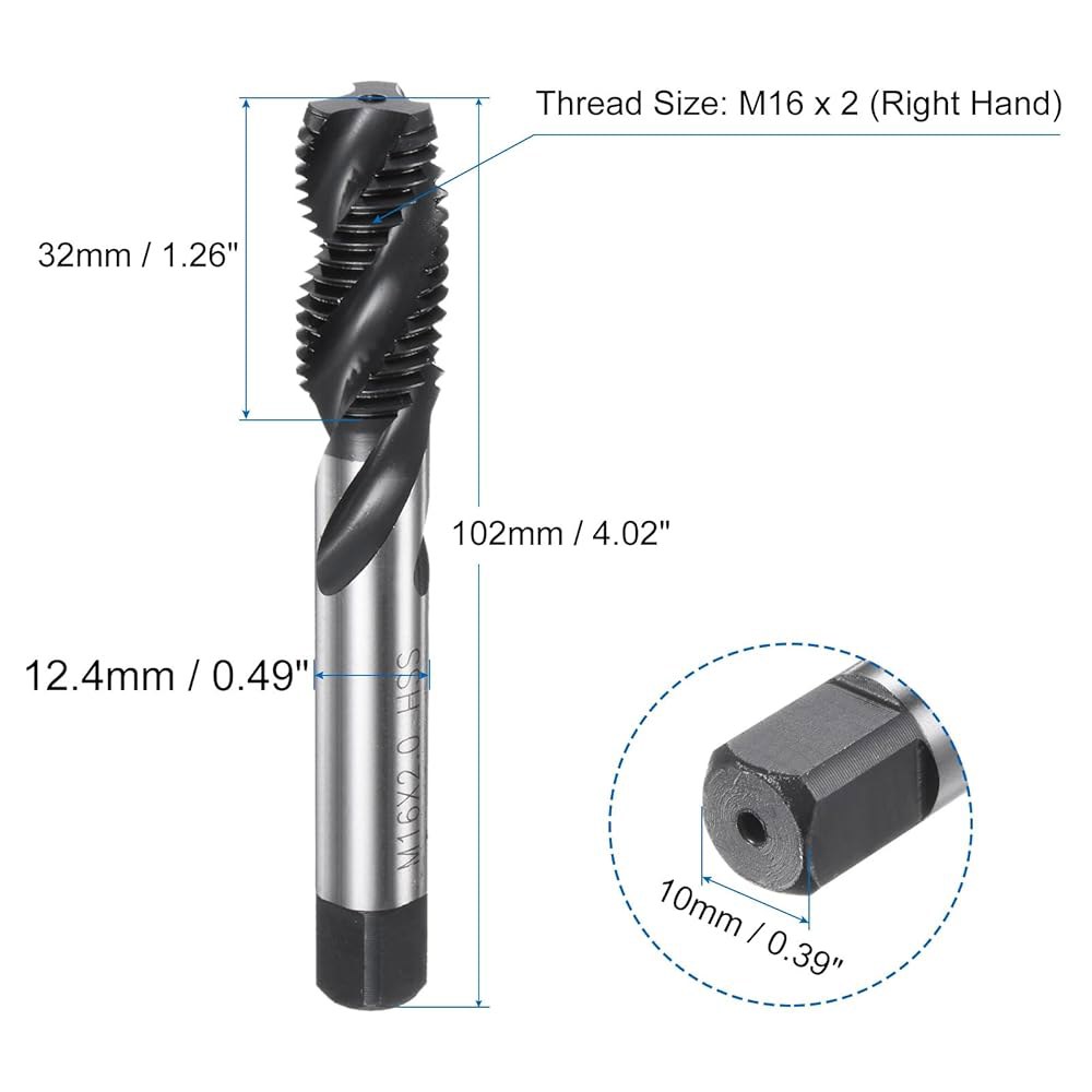 uxcell 메트릭 나선형 플루트 나사산 탭, M16 x 2 H2 기계 수리용 질화물 코팅 M2 고속 강철 탭 도구 - 상세 이미지 2