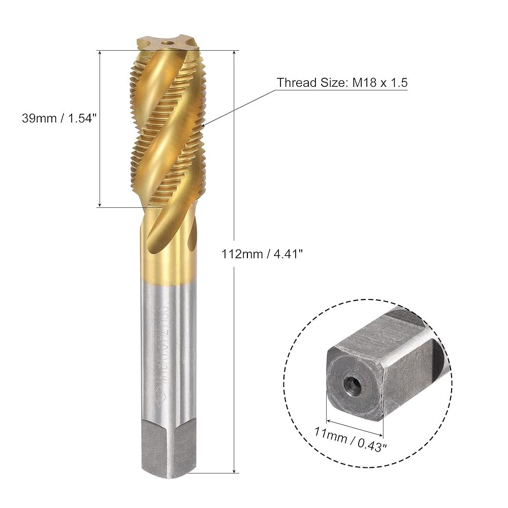 uxcell 나선형 플루트 나사 탭 M18 x 1.5, 미터법 HSS(고속 강철) 티타늄 도금 기계 4 탭핑 도구 H2 내성 M12 x 1.25 - 상세 이미지 2