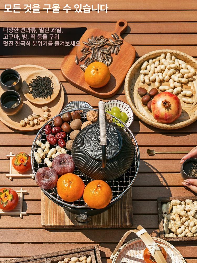 드럼통 무쇠 숯불 화로대 불판 연탄구이 화덕 캠핑 그릴망 포함 30cm 화로 그릴망 나무 받침대 - 상세 이미지 3