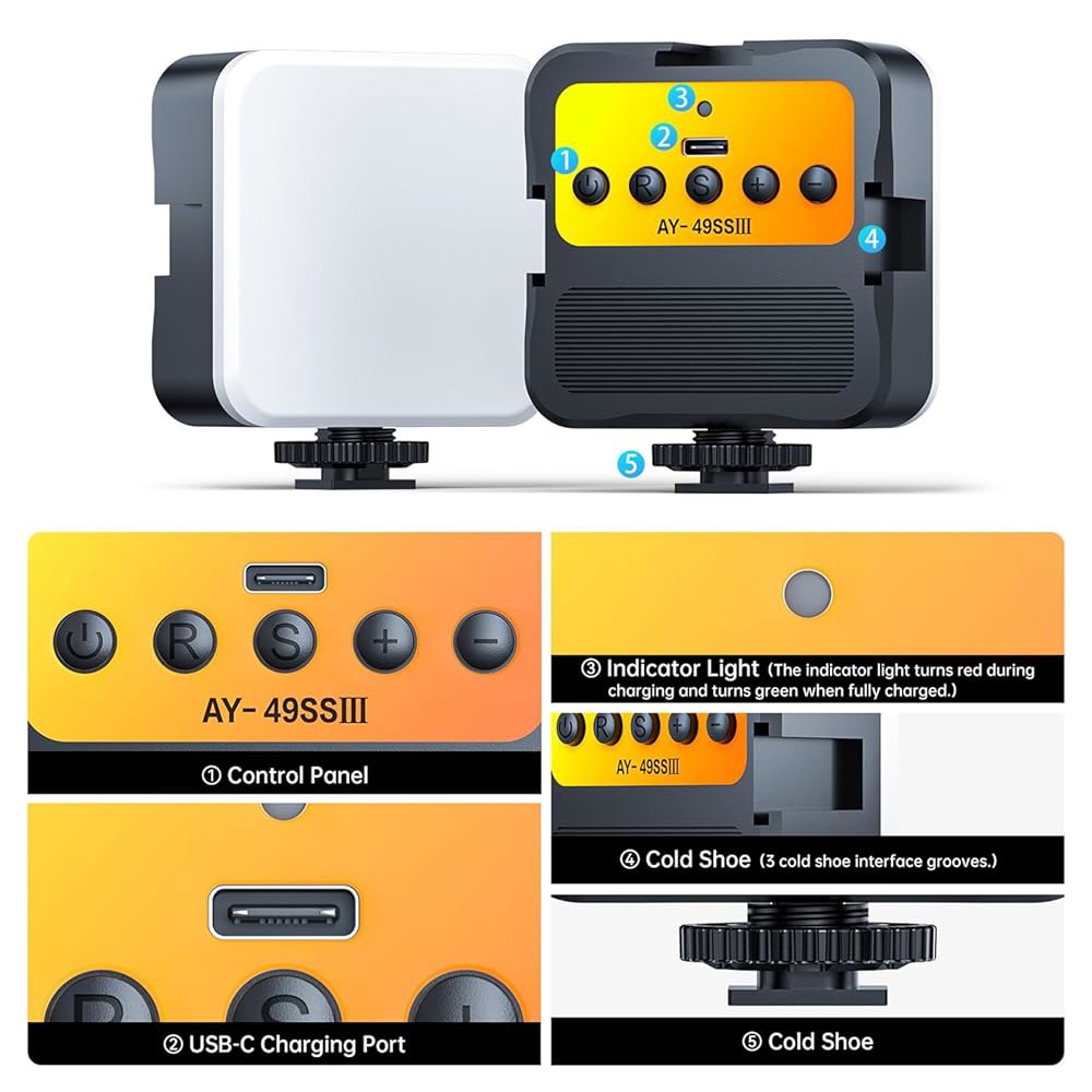 콜드 슈 카메라 라이트 컬러 LED 비디오 라이트 - 3200K-5600K+CRI95 충전식 라이트, DSLR용 마운트 3개 / GoPro 소니 캐논, 브이로그 촬영 TikTok - 상세 이미지 2