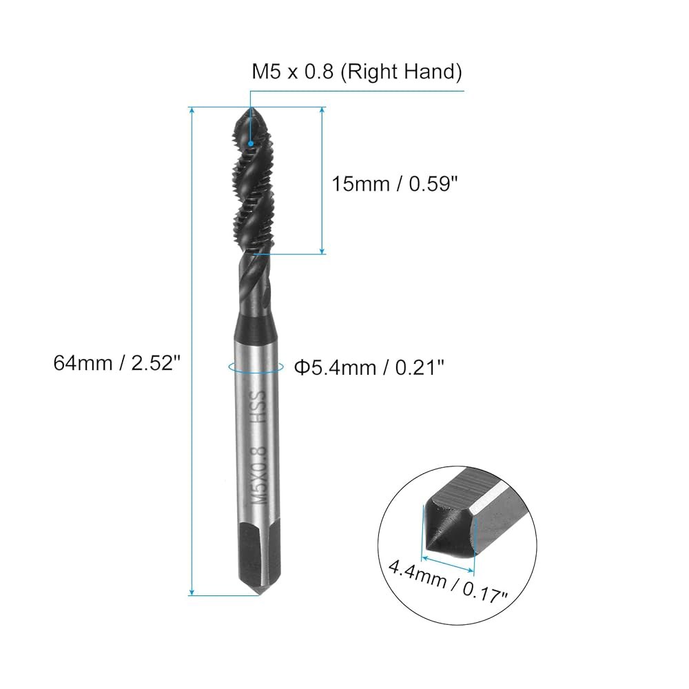 uxcell 8pcs 미터법 나선형 플루트 나사산 탭, M5 x 0.8 H2 기계 수리를 위한 질화물 코팅 6542 고속 강철 탭 도구 M5 x 0.8 - 상세 이미지 2