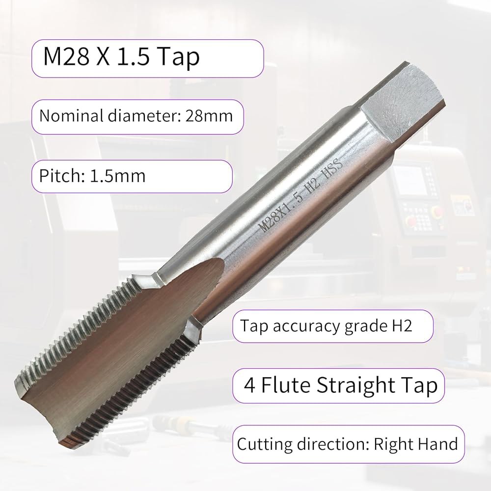 zpldAIAOSI M28 X 1.5 탭, 미터법 스레드 오른손, 1.5mm 피치, 스트레이트 플루트, 플루트 4개, 고속 강철, H2 정확도 등급, 기계 M27 X 1.5 - 상세 이미지 2