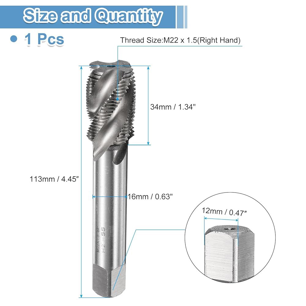 uxcell 스파이럴 플루트 나사산 탭 M22 x 1.5 H2 미터법 기계 비트, 코팅되지 않은 나사 수리 도구, M2 고속 강철(HSS) M7 x 1 - 상세 이미지 2