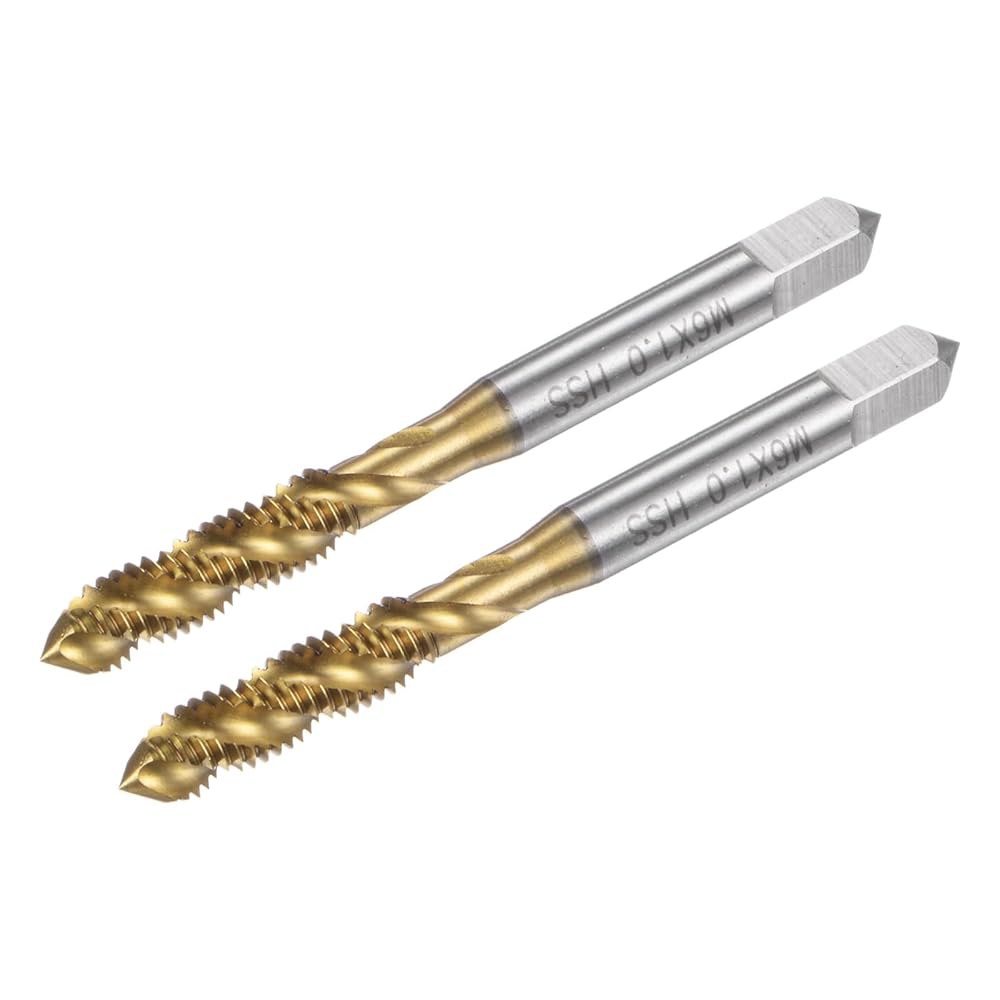 uxcell 2pcs 나선형 플루트 나사산 탭, 미터법 M6 x 1 H2 기계 수리를 위한 티타늄 코팅 M2 고속 강철 탭 도구 - 상품 이미지