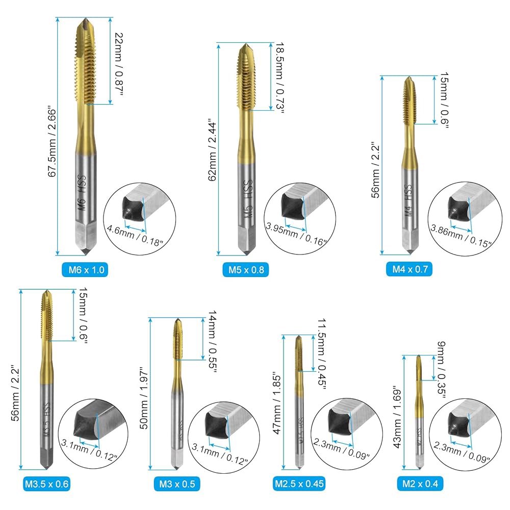uxcell 7pcs 나선형 포인트 탭 세트 M2.5 M3.5 M4 M5 M6 미터 나사 탭, 티타늄 코팅 고속 강철 6542 기계 탭핑 수리 도구 - 상세 이미지 2
