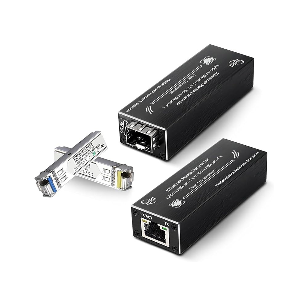Mxtgifar 미니 기가비트 파이버 미디어 컨버터 페어 10/100/1000Mbps, 매칭 SFP 모듈 페어(SM 단일 1310nm/1550nm 20km), USB 타입-C 5V - 상품 이미지