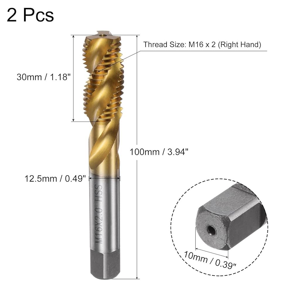 uxcell 2pcs 나선형 플루트 나사산 탭, 미터법 M16 x 2 H2 기계 수리를 위한 티타늄 코팅 M2 고속 강철 탭 도구 M10 x 1 - 상세 이미지 2