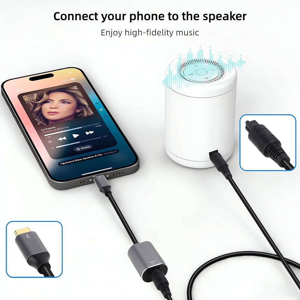 USB C to TOSLINK 광 오디오 어댑터, 단방향 타입 SPDIF 디지털 컨버터, 스마트폰, 태블릿, 노트북용 송신기. - 파이버 3.3FT 광케이블 포함. - 상세 이미지 3
