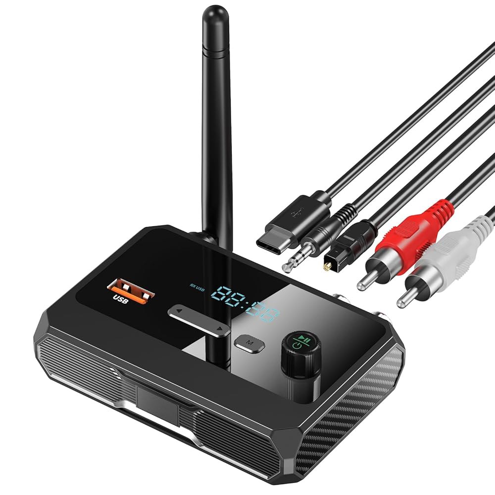 홈 스테레오용 블루투스 5.3 수신기, RCA 어댑터, 저지연 및 HD 음악 오디오, 광학 AUX 3.5mm 지원, 스피커용 수신기 스트리밍 스테레오 시스템 - 상품 이미지