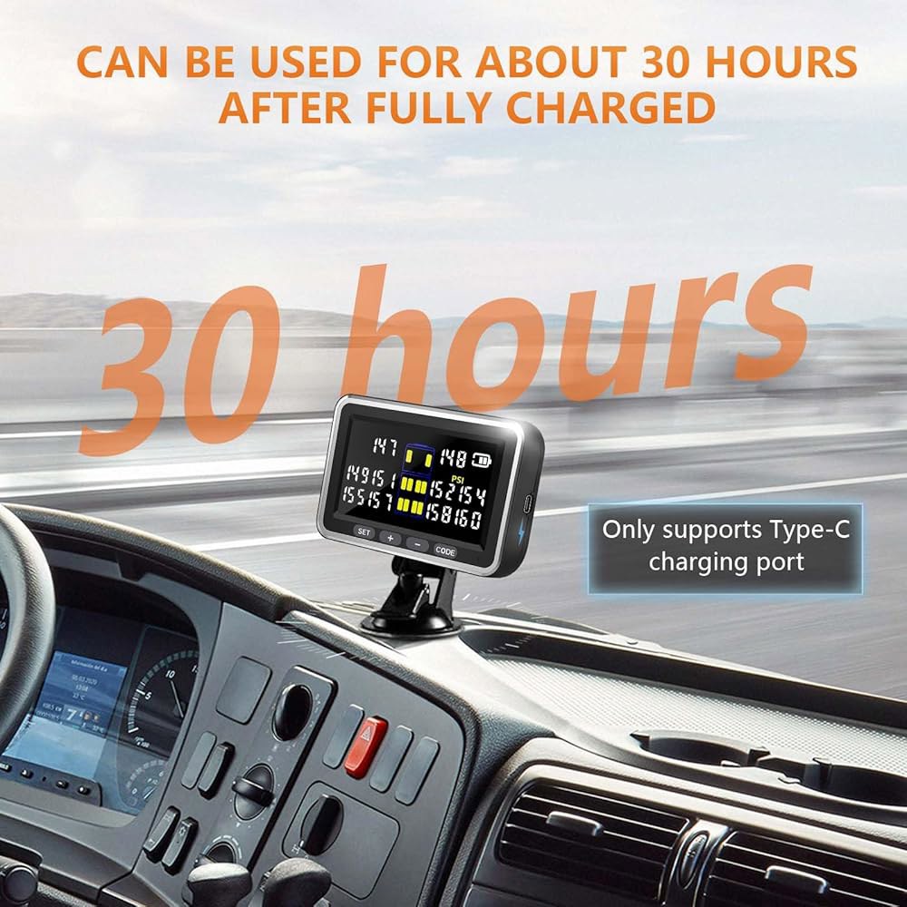 Tyona 타이어 압력 모니터링 시스템, 10 플로우 스루 센서 트럭 TPMS RV 트레일러, 0-199psi 4.5인치 컬러 스크린, 6가지 알람 모드, 장거리 감지, 트럭, - 상세 이미지 3