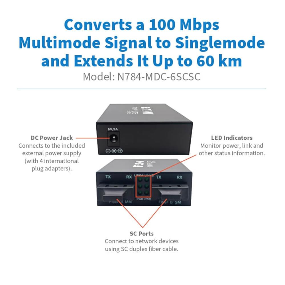 이튼 트립 라이트 시리즈 멀티모드-싱글모드 광섬유 컨버터 익스텐더, 100Mbps, SC 듀플렉스 포트, 1310nm 호환, MMF-SMF, OM3, 최대 60km/37.3마일, - 상세 이미지 2