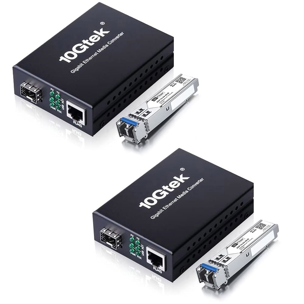 기가비트 싱글 모드 LC 파이버 미디어 컨버터 한 쌍, 2개의 SFP LX 모듈, 1.25G /s 투 이더넷 컨버터, 1000Base-LX에서 10 /100 / 1000Base-T - 상품 이미지