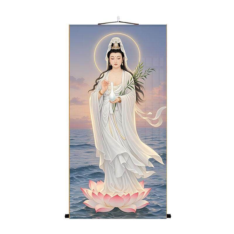 관세음보살 액자 그림 인테리어 부처님 연꽃 흰 옷을 입은 A타입(고화질이 퇴색하지 않는다) 릴 60x120 두루마리 그림으로 가득 - 상품 이미지
