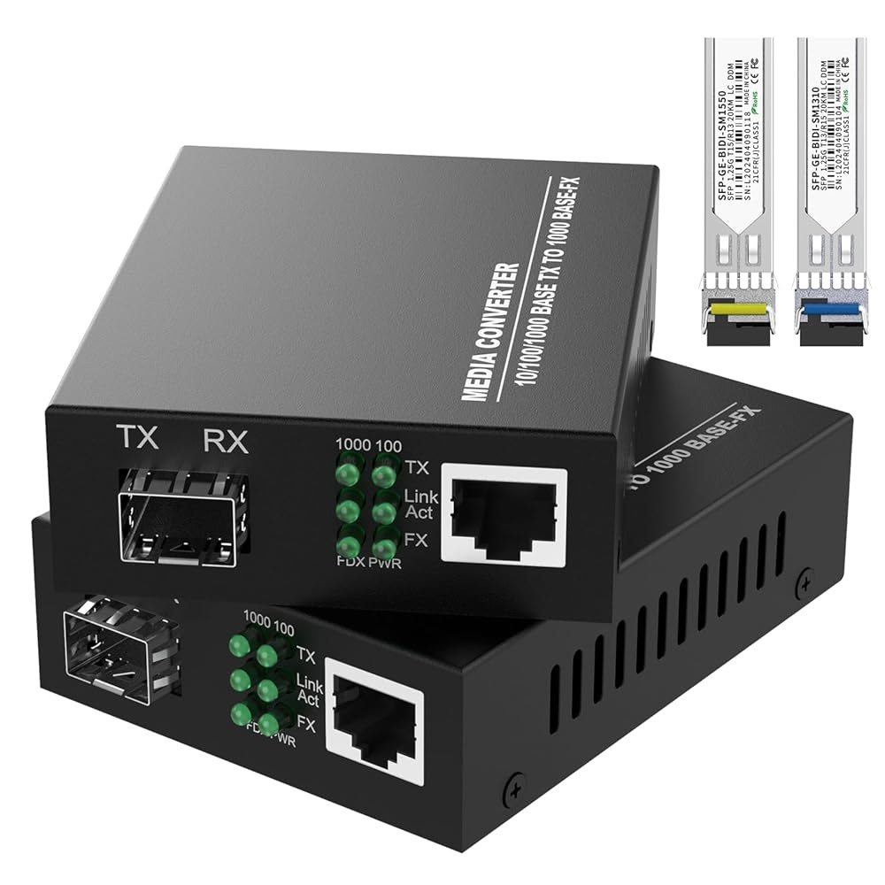 FTTPVIPS 1.25G /s Bidi 기가비트 단일 모드 광섬유 이더넷 미디어 컨버터 2PCS SFP LC 트랜시버 모듈 포함, 10 /100 /1000Base-Tx to 10 - 상품 이미지