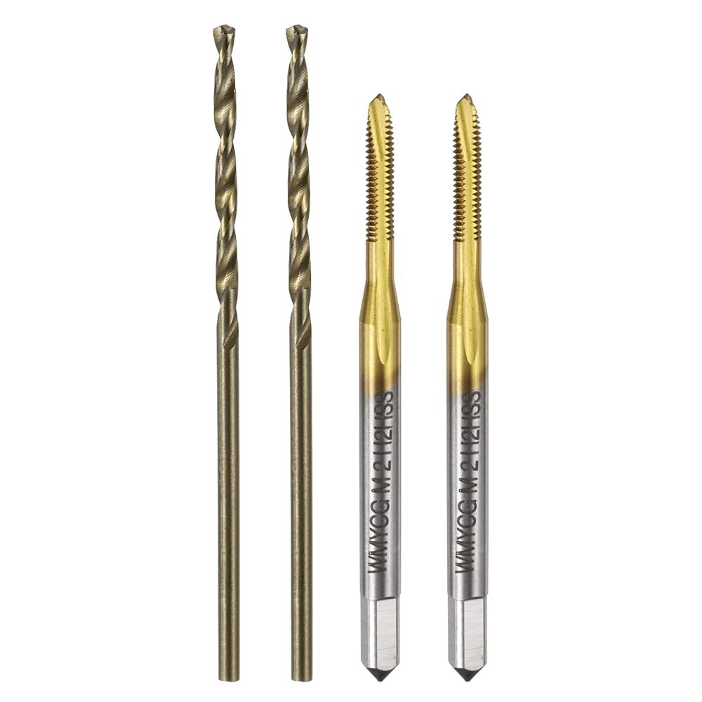 uxcell 메트릭 탭 및 드릴 비트 세트, 2pcs M2 x 0.4 나선형 점 나사 티타늄 코팅 1.6mm 트위스트 로스팅 옐로우, 스레딩 도구 M2 x 0.4 + 1.6mm - 상품 이미지