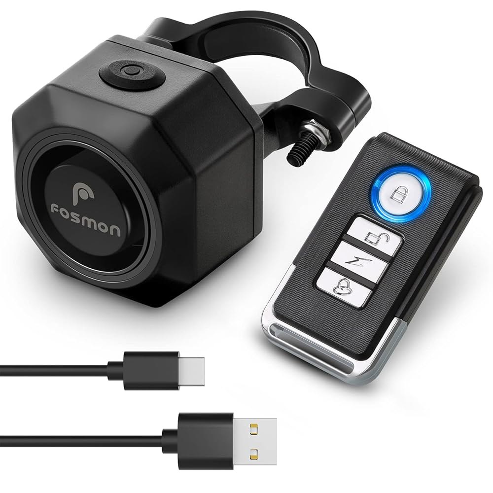 Fosmon USB-C 충전식 자전거 알람, 원격 IP55 방수 무선 110dB 시끄러운 방지 진동 모션 센서 차량 추적기, 자전거, 전기 오토바이, 스쿠터용 시스템 - 상품 이미지