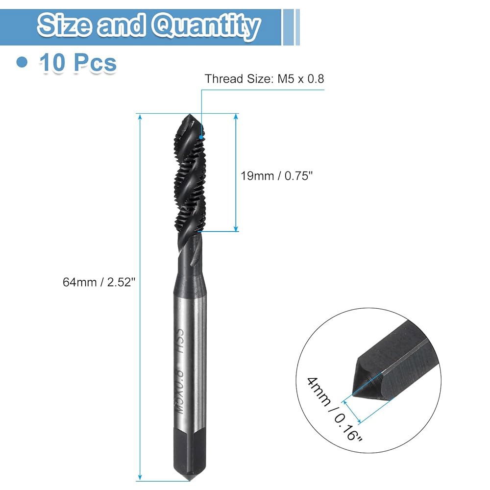 uxcell 10pcs 나선형 플루트 나사산 탭 M5 x 0.8 H2 미터법 기계 비트, 질화 코팅 나사 수리 도구, M2 고속 강철(HSS6542) M5 x 0.8 - 상세 이미지 2