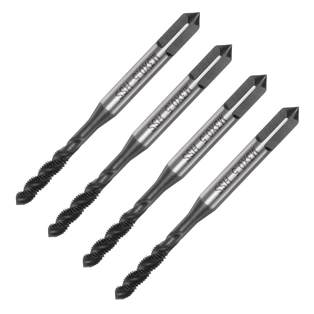uxcell 4pcs 나선형 플루트 나사 탭, M3 x 0.5 질화물 코팅 미터법 기계식 수리를 위한 풀 그라운드 고속 강철 6542 기계 탭핑 도구 M5 x 0.8 - 상품 이미지