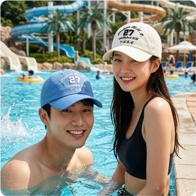 국내제작 방수 물놀이 볼캡 남자 여자 여름 자수 레터링 폴리 야구모자 - 상품 이미지