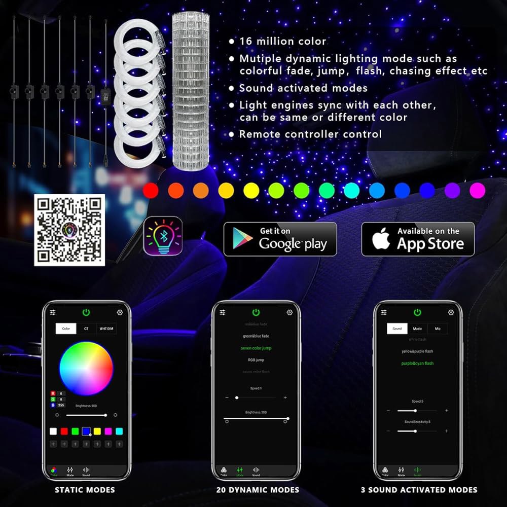 AKEPO 6-in-1 광섬유 장식 조명, 음악 동기화+원격 제어 RGB 컬러풀 다이내믹 이펙트+1140pcs 0.03in(0.75mm) 8.2ft / 2.5m PMMA 엔드 글로 - 상세 이미지 2