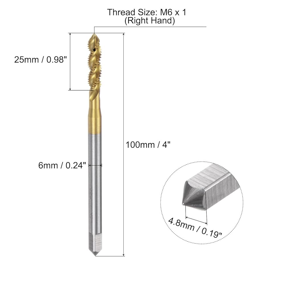 uxcell 메트릭 나선형 플루트 탭, M6 x 1 H2 스레드 100mm 엑스트라 롱 스크류 기계 수리용 티타늄 코팅 탭핑 도구 M2.5 x 0.45 x 100mm - 상세 이미지 2