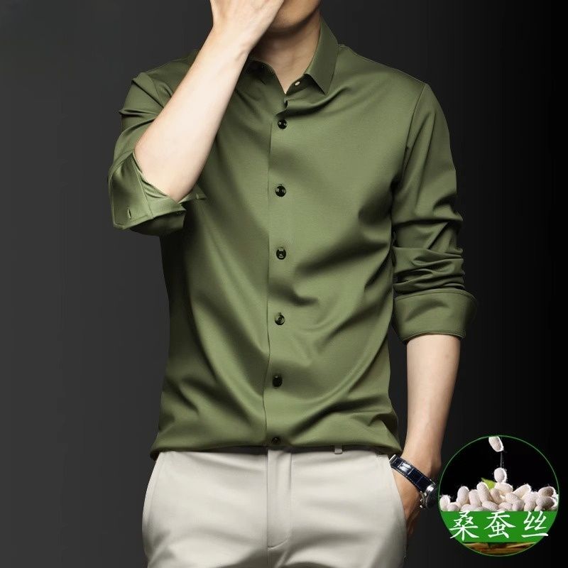 린넨 라펠 플레드 남자 긴팔 반팔 실크 와이셔츠 셔츠 드레스 정장 남성 남방 스판 슬림핏 - 상세 이미지 2