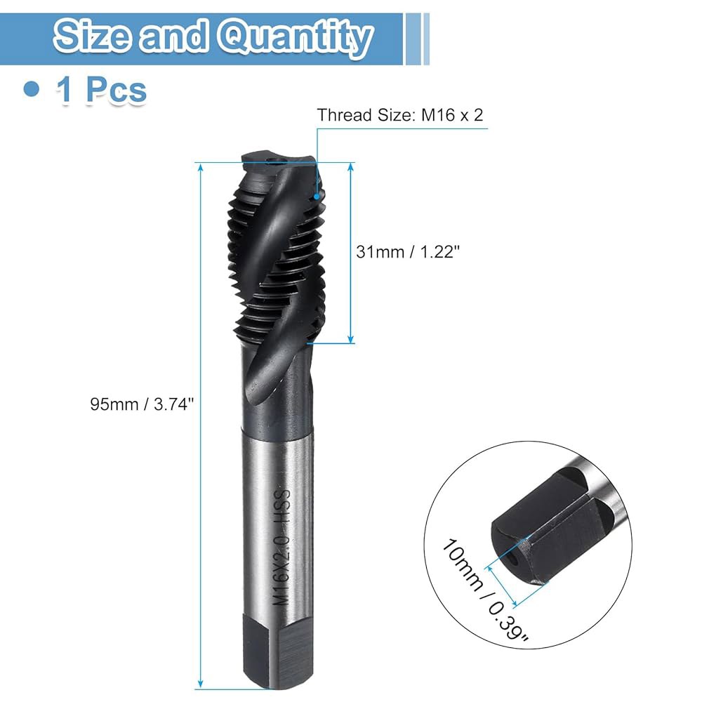 uxcell 스파이럴 플루트 스레드 탭 M16 x 2 H2 미터법 기계 비트, 질화 코팅 나사 수리 도구, M2 고속 강철(HSS6542) M14 x 2 - 상세 이미지 2