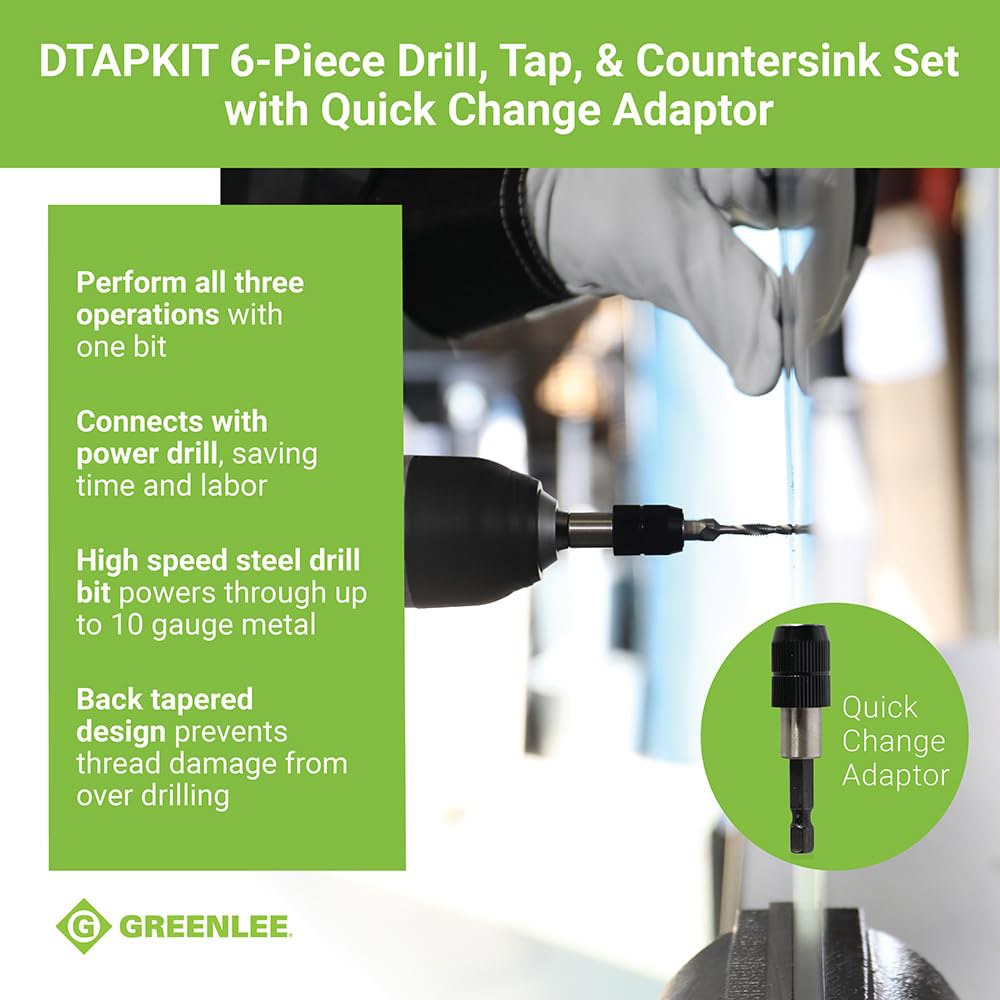 그린리 DTAPKIT 드릴/탭 키트 금속, 원스텝 드릴링, 탭핑 및 디버링, 카운터싱 세트, 퀵 체인지 어댑터 포함, 6-32 대 1/4-20 6-32 to 1/4-20 Set - 상세 이미지 2