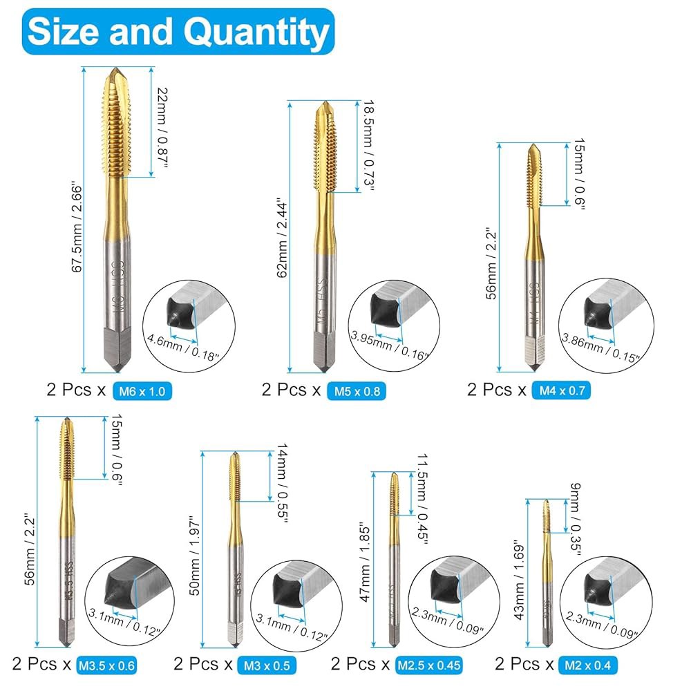 uxcell 14pcs 나선형 포인트 탭 세트 M2.5 M3.5 M4 M5 M6 미터 나사 탭, 티타늄 코팅 고속 강철 6542 기계 탭핑 수리 도구 - 상세 이미지 2