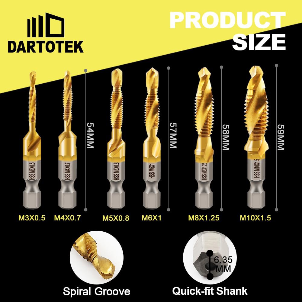 DARTOTEK 조합 드릴 및 탭 비트 세트, 티타늄 코팅 탭핑 도구 6pcs 메트릭 나사 비트를 사용하여 전기 드릴, 카운터싱크 또는 머신을 드릴링합니다 - 상세 이미지 2