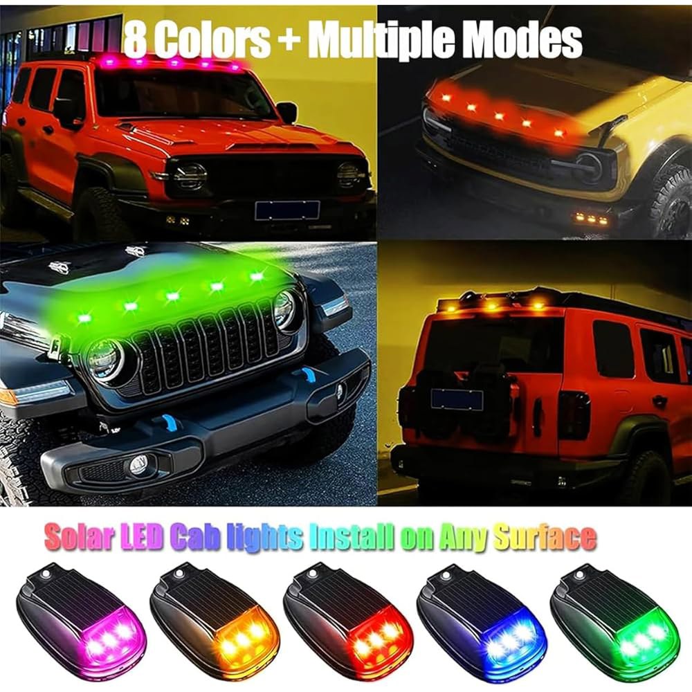 태양광 자동차 지붕 네온 RGB 스트로브 라이트, 캡 신호 마커 램프 무선 LED 경고등 진동 센서, 드릴 없음, 방수(5PCS)가 장착된 픽업 SUV 지프 Rv용 안전 액세서리 - 상세 이미지 3