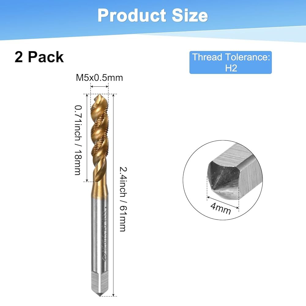 MMETRXITY 2팩 M5x0.5mm 미터법 나선형 플루트 나사 탭, HSS 티타늄 코팅 오른손 탭 나사, 드릴링/밀링 기계 / CNC 공작 기계, 탭핑 도구 2x0.4mm - 상세 이미지 2