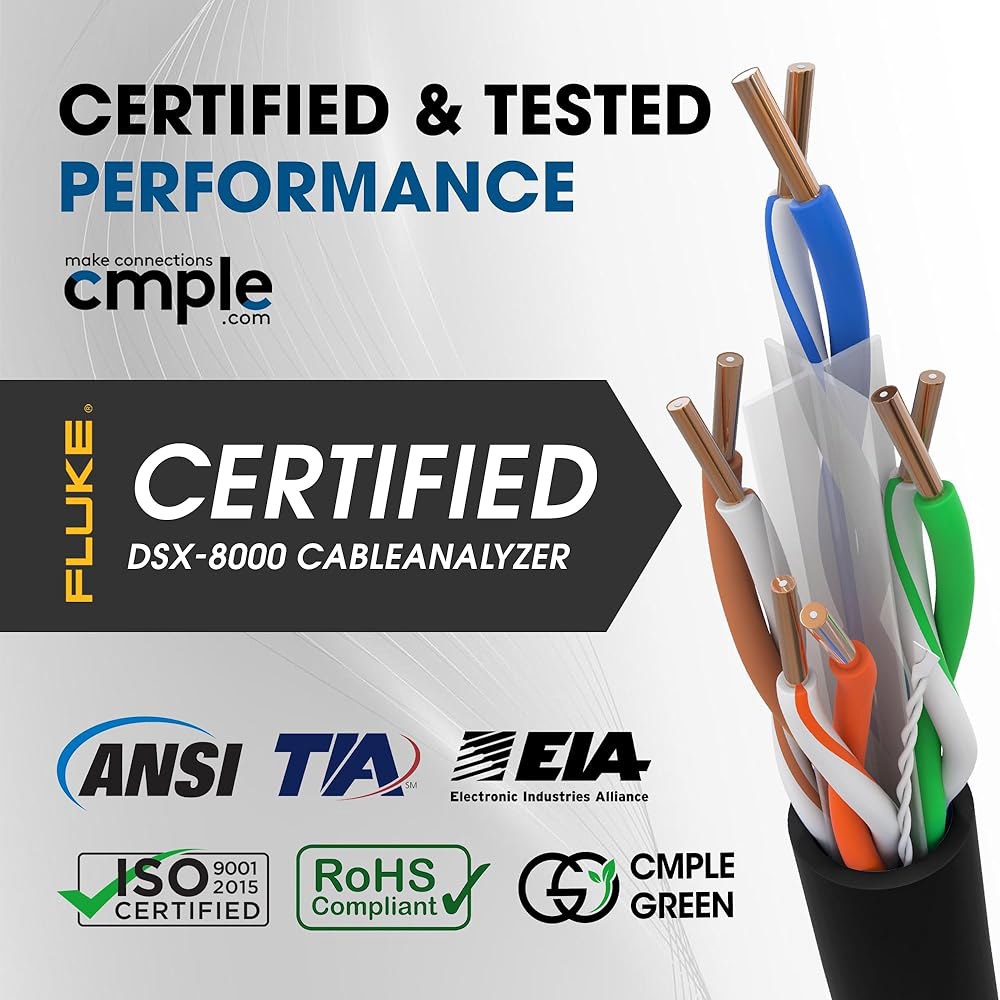 Comple - Cat6 케이블 1000피트 벌크 랜 이더넷 Cat 6 와이어 네트워크 UTP 23AWG CMR 라이저 10Gbps 550MHz 풀 박스 1000피트, 블랙 - 상세 이미지 3