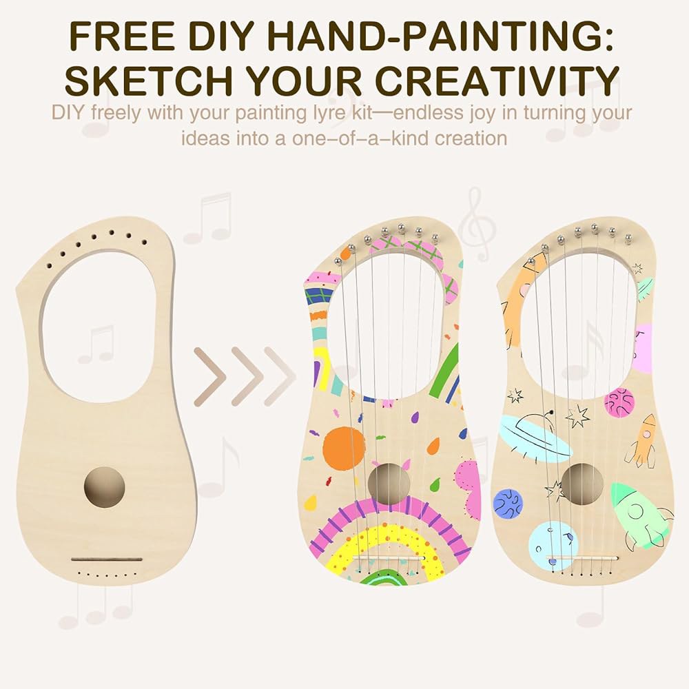 고흐고스트 라이어 하프 7 현 DIY 키트, 배스우드 바디 스트링 튜닝 렌치 새들 브리지 핀으로 수작업으로 제작된 나무 악기 초보자와 애호가를 위한 간편한 조립 - 상세 이미지 3