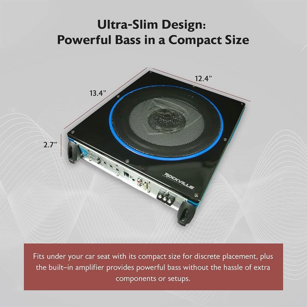 로크빌 RW10CA 800W 피크 슬림 10인치 액티브 파워 카 서브우퍼, 내장 앰프, 유선 리모컨, 소형차 오디오 시스템용 로우 프로파일 디자인 6x8 Inch Subwoofer - 상세 이미지 3