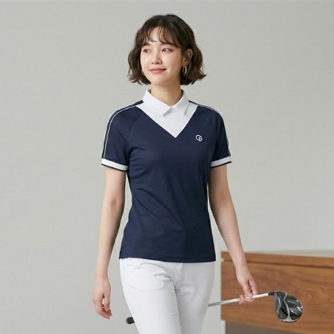 팬텀 골프 여성 여름 배색 카라 패턴 필드룩 골프 반팔 티셔츠 - 상품 이미지