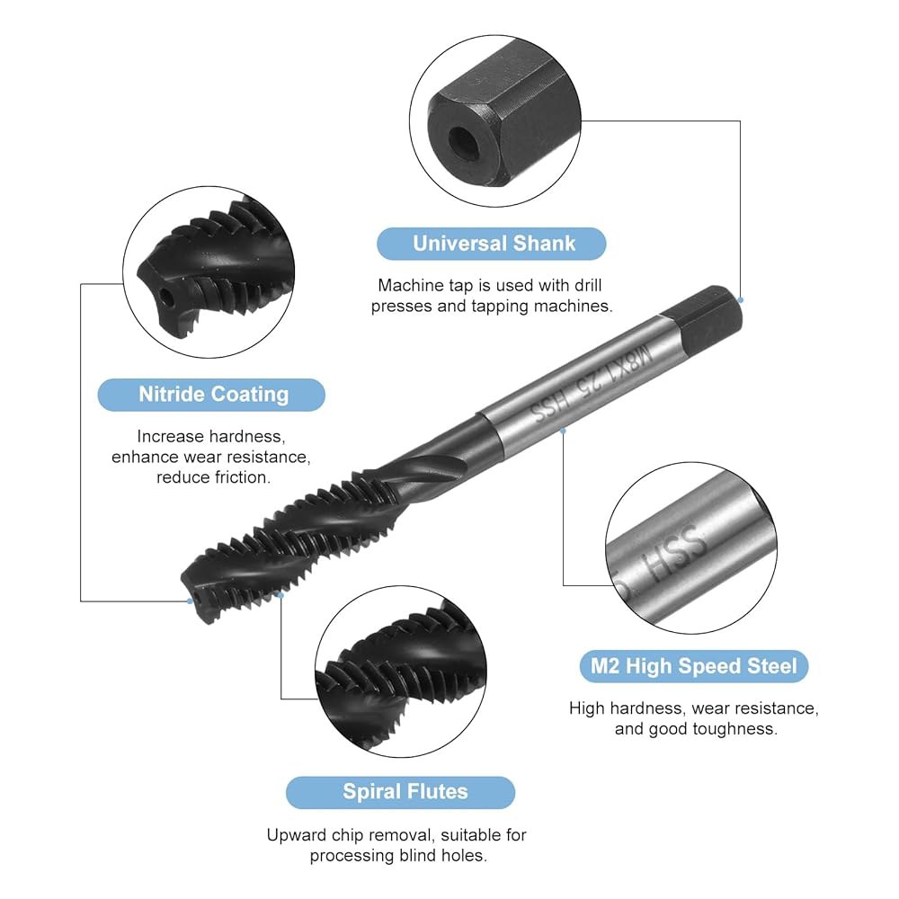 uxcell 4pcs 미터법 나선형 플루트 나사산 탭, M8 x 1.25 H2 기계 수리를 위한 질화물 코팅 6542 고속 강철 탭 도구 M8 x 1.25 - 상세 이미지 3
