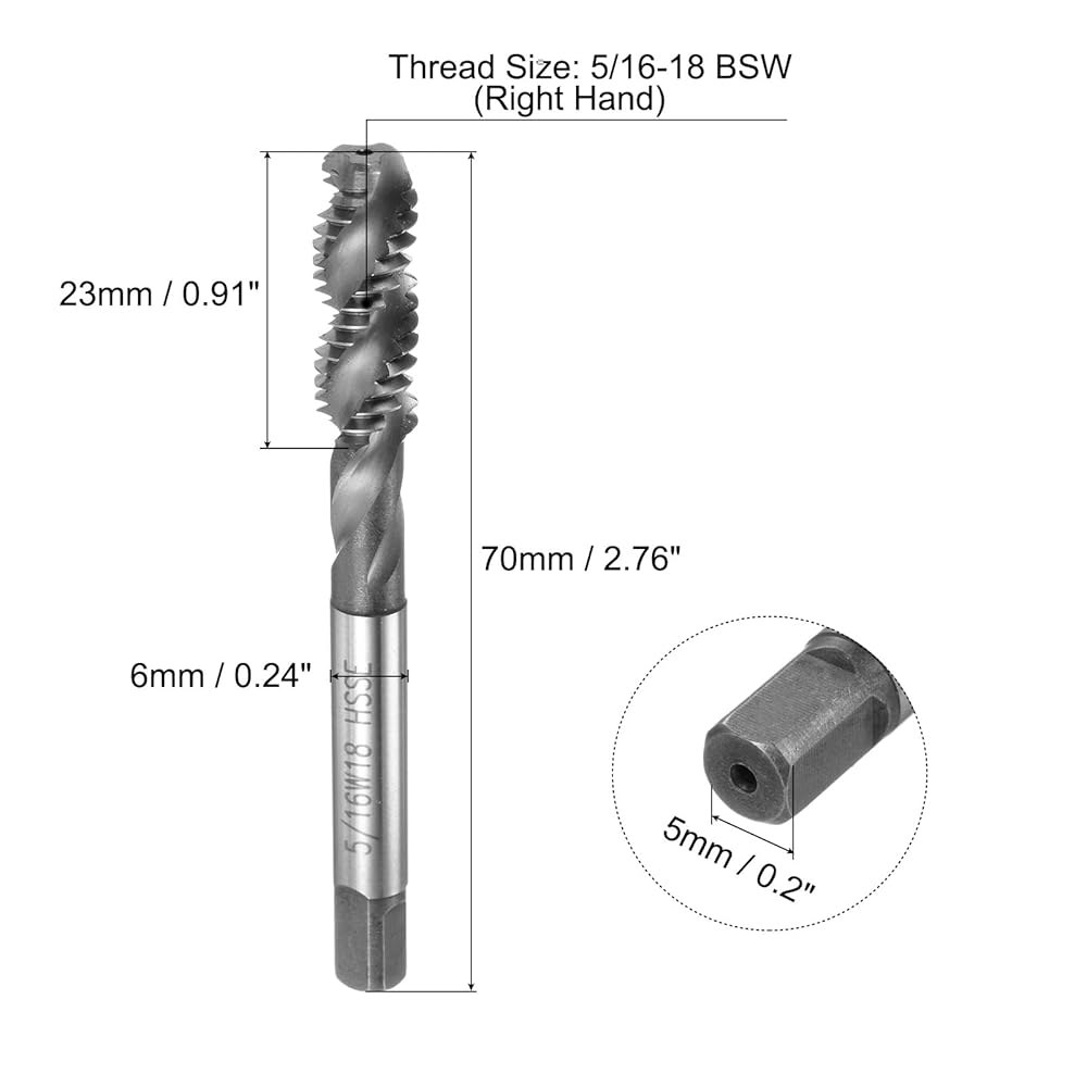 uxcell 2pcs 나선형 플루트 나사산 탭, 5/16-18 BSW H2 기계 수리용 탭핑 도구(M35 코발트 고속 강철(HSS-CO), 코팅되지 않음) 5/16-18 BSW - 상세 이미지 2