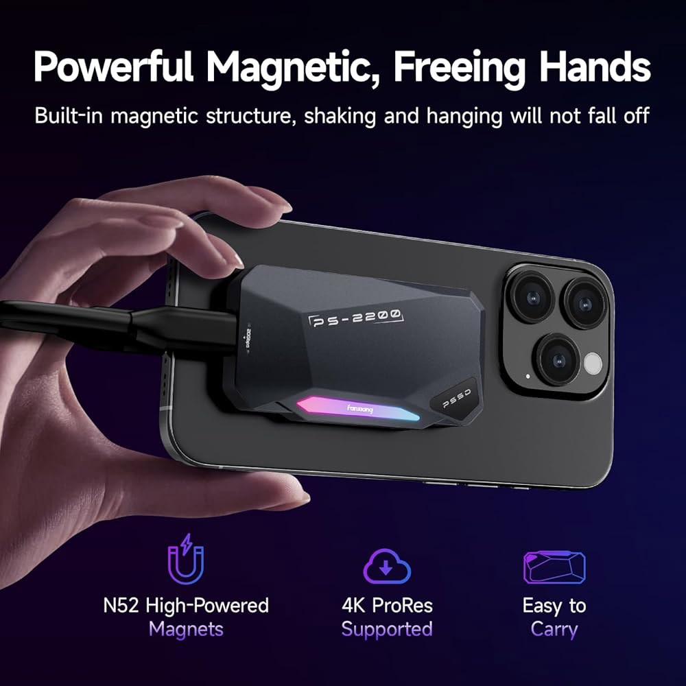1TB 마그네틱 휴대용 SSD, 2050MB /s 타입-C USB 3.2세대 2x2 외장 4K 프로레스 레코드 및 스토어, 알루미늄 합금, RGB 터치 조명, iPhone15 /1 - 상세 이미지 2