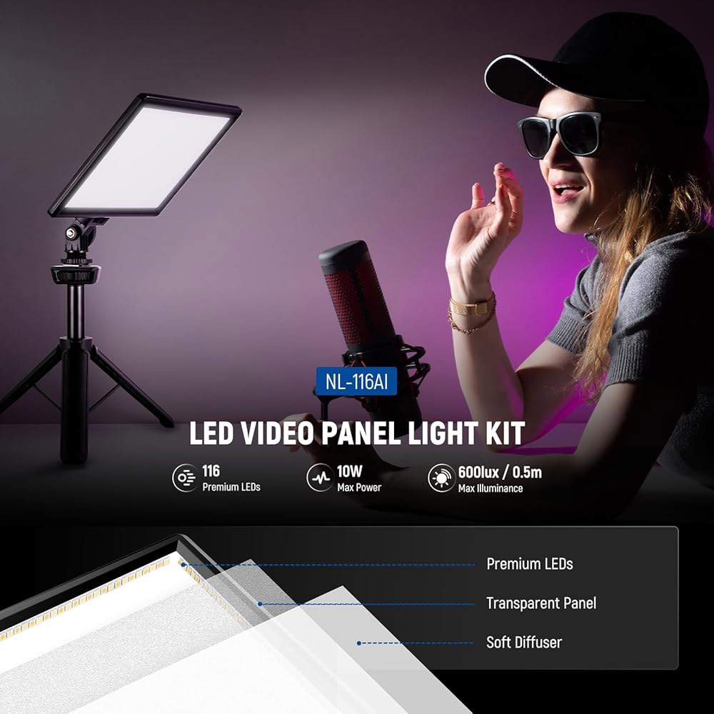 NEWER 9인치 LED 비디오 조명 패널, 미니 책상 삼각대 스탠드가 있는 디밍 가능 DSLR 카메라 소프트 조명, USB 타입 C 포트, 스튜디오 사진 녹화 라이브 스트리밍을 - 상세 이미지 2